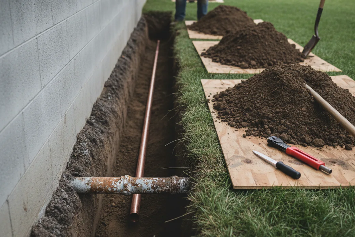 Excavated water line trench during Water Heater Repair in East Norwich